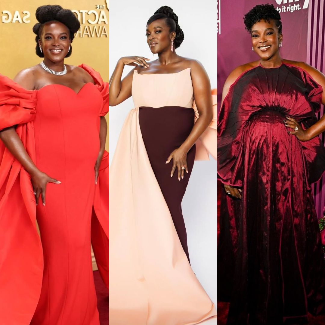 A collage of British-Nigerian actress Wunmi Mosaku rocking her baby bump in custom gowns by Matthew Reisman, Ahluwalia, Sisiano, Christian Siriano, and Louis Vuitton during the 2026 awards season.
