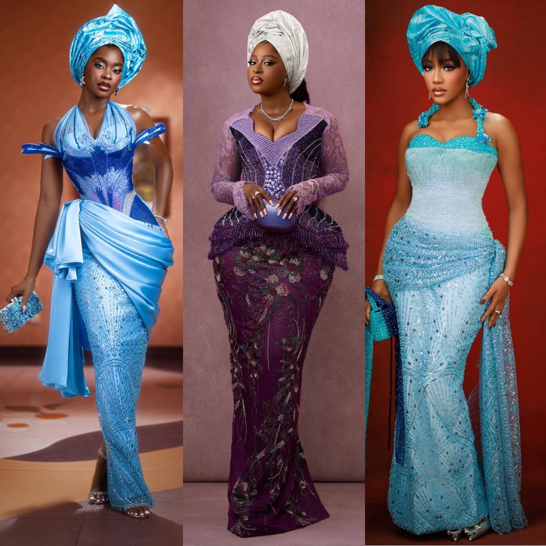 Bridesmaids in a collage wearing heavily beaded turquoise-blue AsoEbi with matching blue geles, and a royal purple beaded gown with a white gele. lace gown with a white gele.