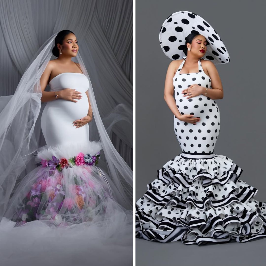A composite image of Anna Ebiere Banner’s maternity feature, displaying both her avant-garde polka-dot gown and her ethereal floral white dress.