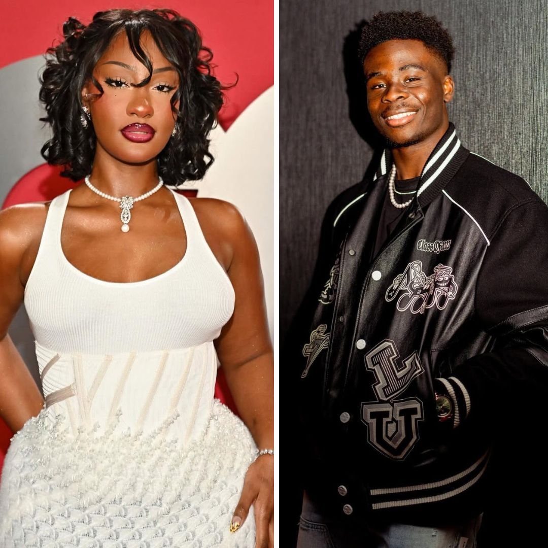 A collage of Tems in a white corset dress and Bukayo Saka in a black leather varsity jacket.