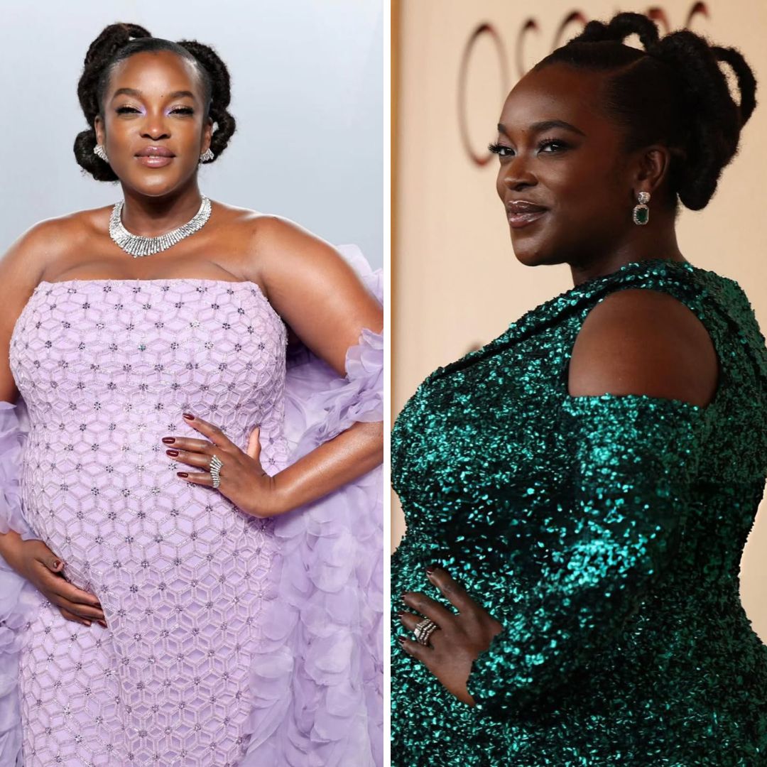 Wunmi Mosaku at the 2026 Oscars and Vanity Fair Party. Left: wearing custom Georges Chakra in purple; Right: wearing custom emerald Louis Vuitton.