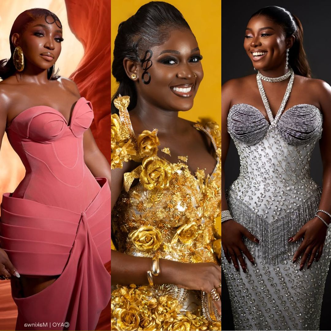 A trio of standout "Superstar" themed looks from the Evi premiere at Filmhouse IMAX Lekki. Featuring Omowunmi Dada’s architectural pink gown, leading lady Osas Okonyon’s 3D gold rose gown, and Dorcas Owolagba’s silver embellished silhouette.