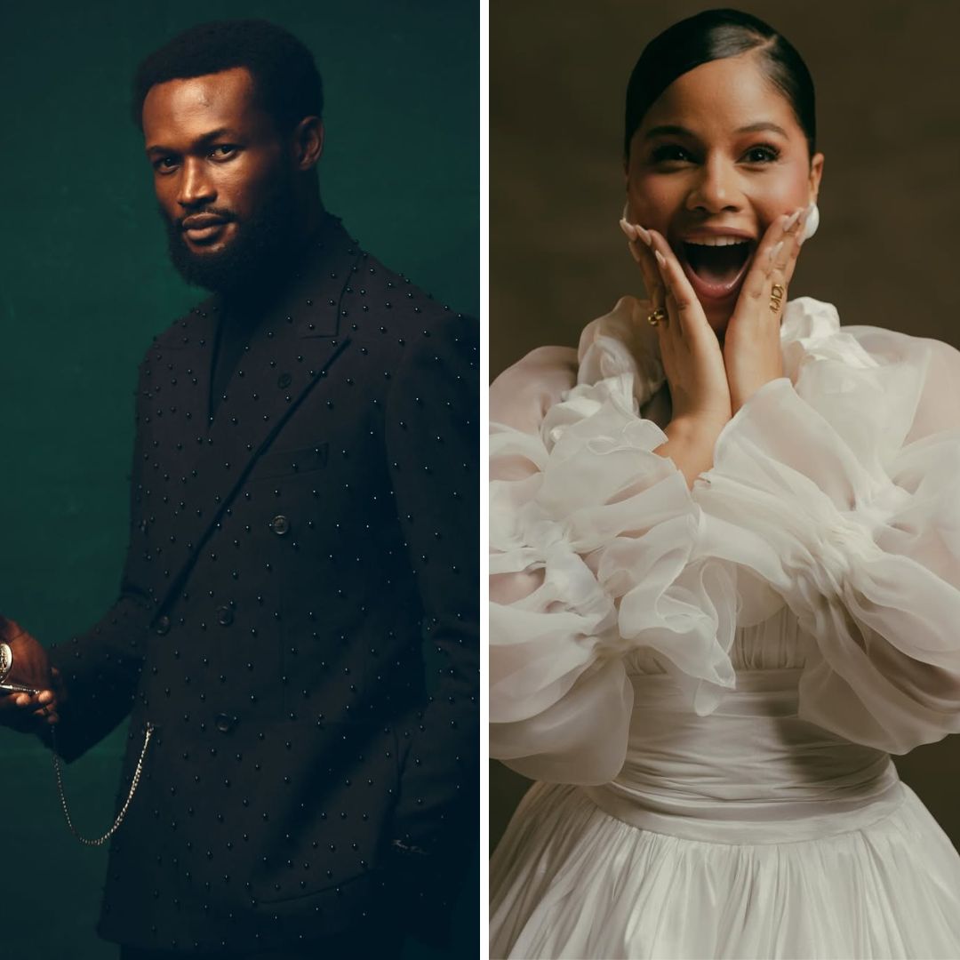 A split photo collage featuring Bucci Franklin in a black studded suit against a green background (left) and Sunshine Rosman with a wide-eyed, joyful expression in a voluminous white dress (right), both on the set of the film "The Creek."