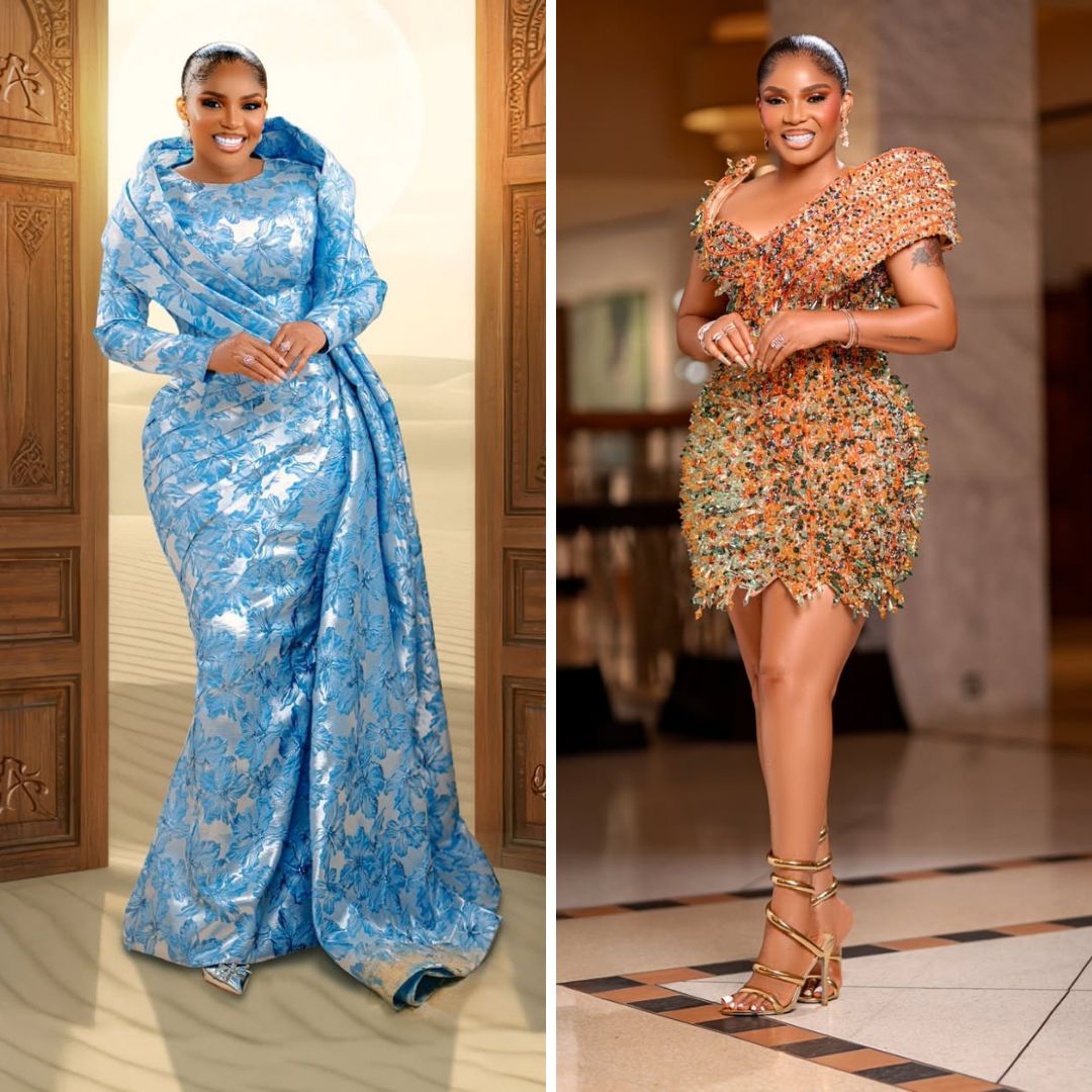 Two-panel collage of Iyabo Ojo at the premiere of The Return of Arinzo, showcasing a regal blue gown and a vibrant crystal-fringed mini dress.