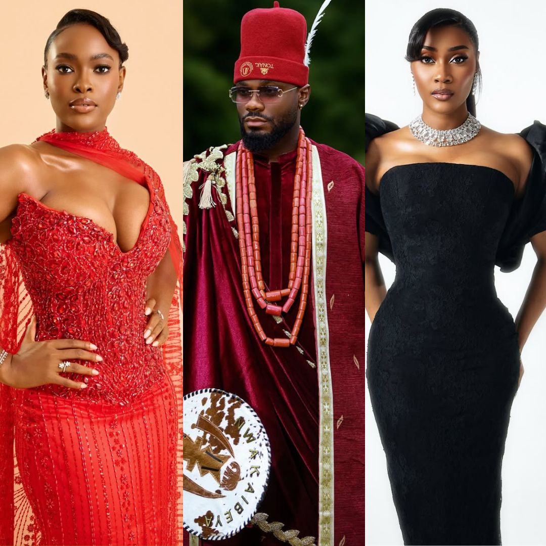 A collage from the Aba Blues movie premiere featuring Angel Anosike, Prince Nelson, and Toni Tones in stunning red carpet attire.