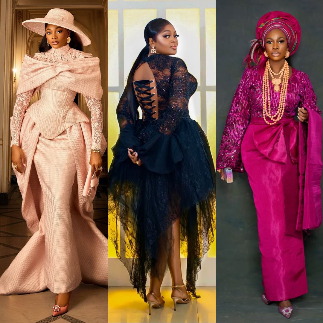 Nollywood stars Kiddie in blush pink, Eniola Badmus in black lace, and Medlin Boss in fuchsia traditional attire at the Return of Arinzo premiere.