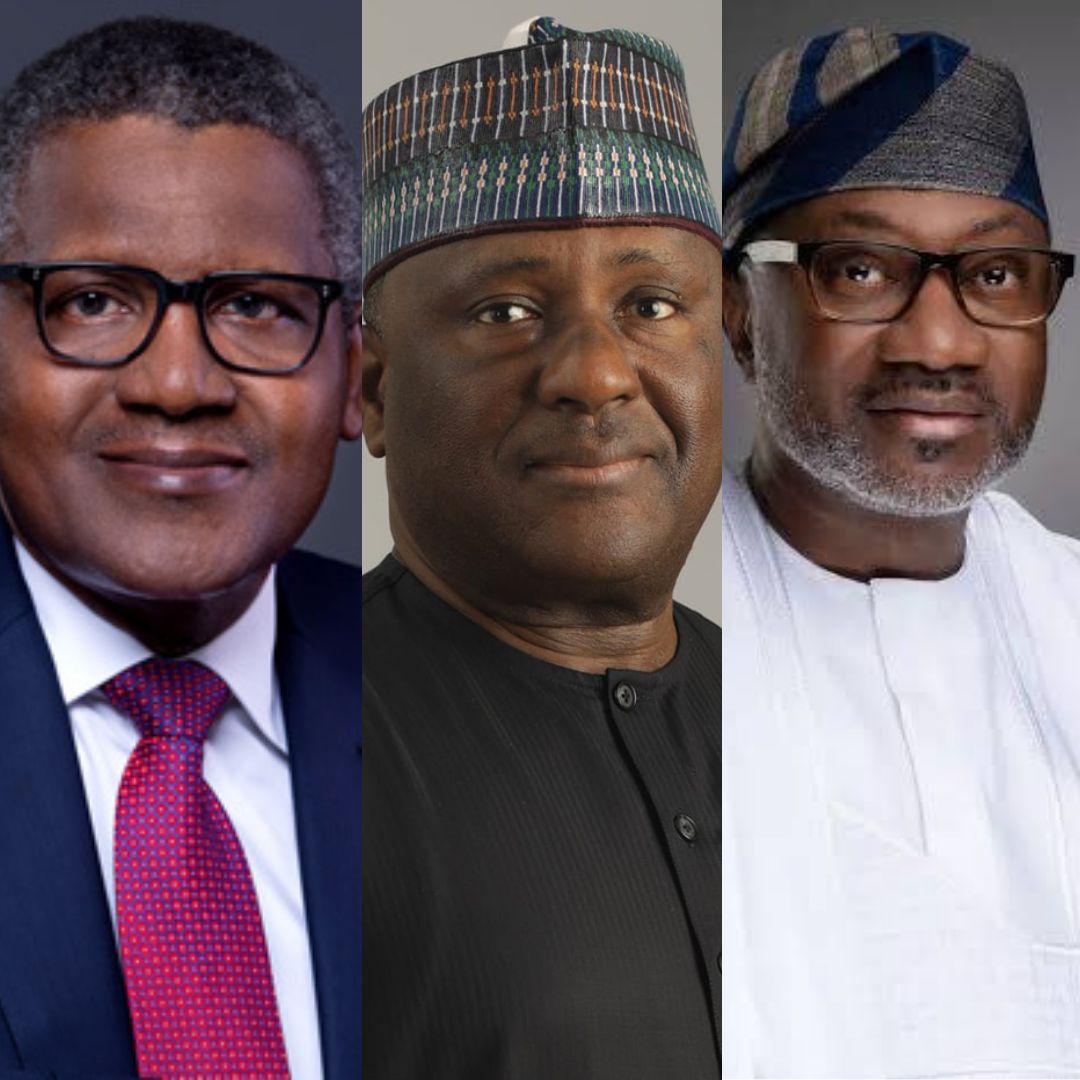 A collage of Nigeria’s top billionaires on the 2026 Forbes list, featuring Aliko Dangote, Abdulsamad Rabiu, and Femi Otedola.