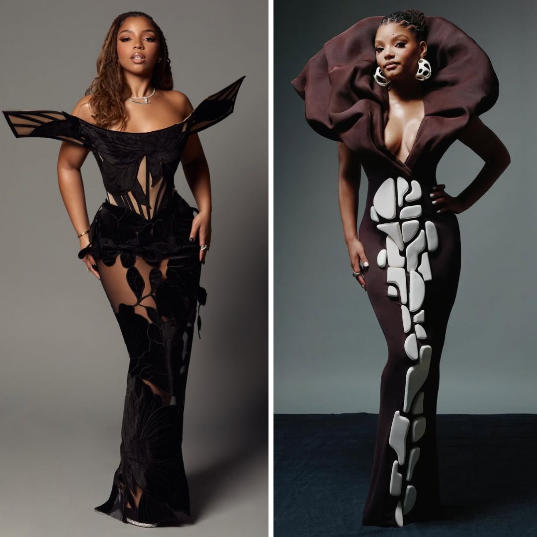 Chloe Bailey in black sheer Christian Siriano and Halle Bailey in coffee brown Stéphane Rolland Haute Couture at the 57th NAACP Image Awards in Los Angeles.