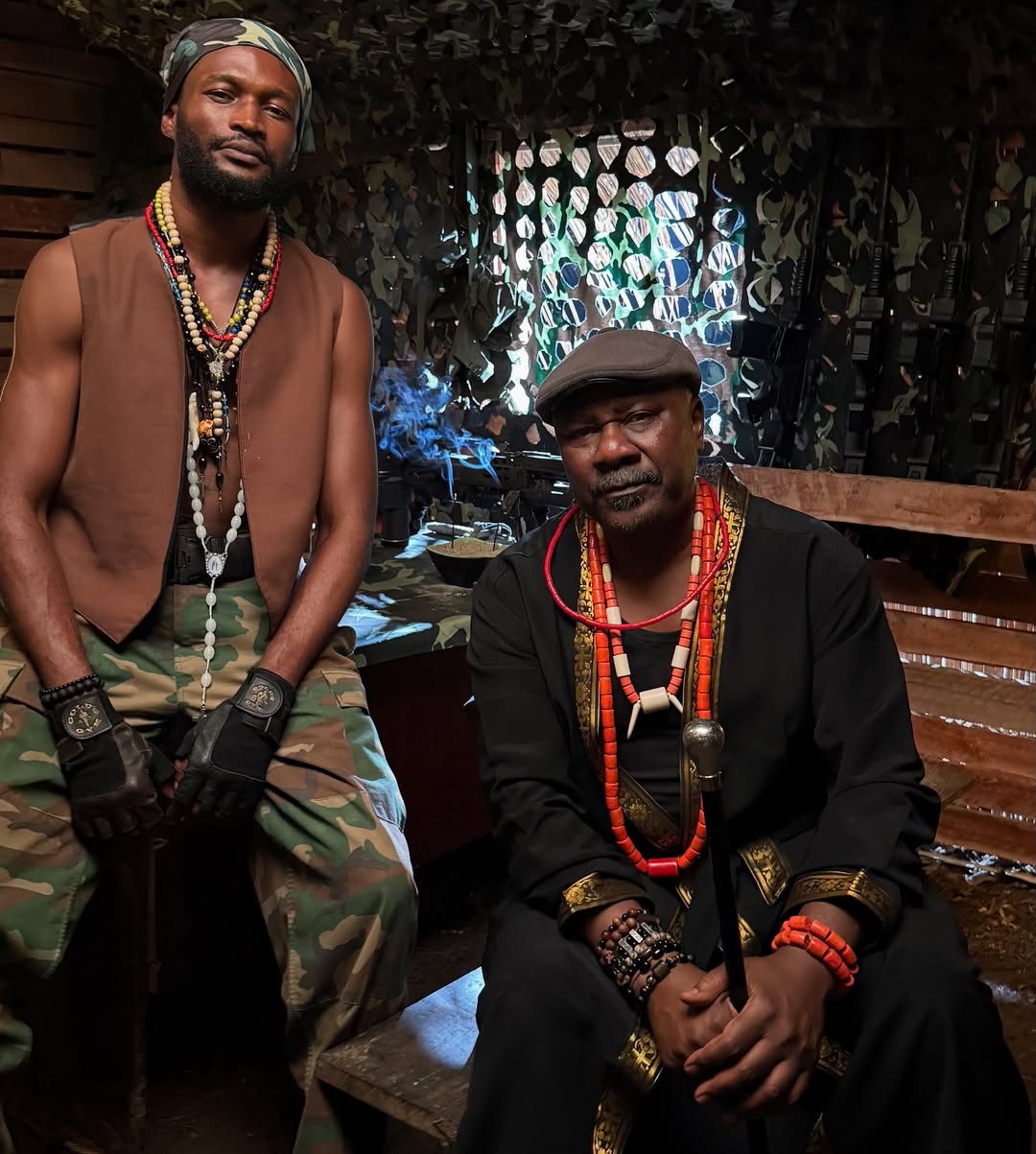 Bucci Franklin and Sam Dede on the set of the Nollywood film "The Creek," directed by Toka McBaror and produced by Nicholas David Adora.