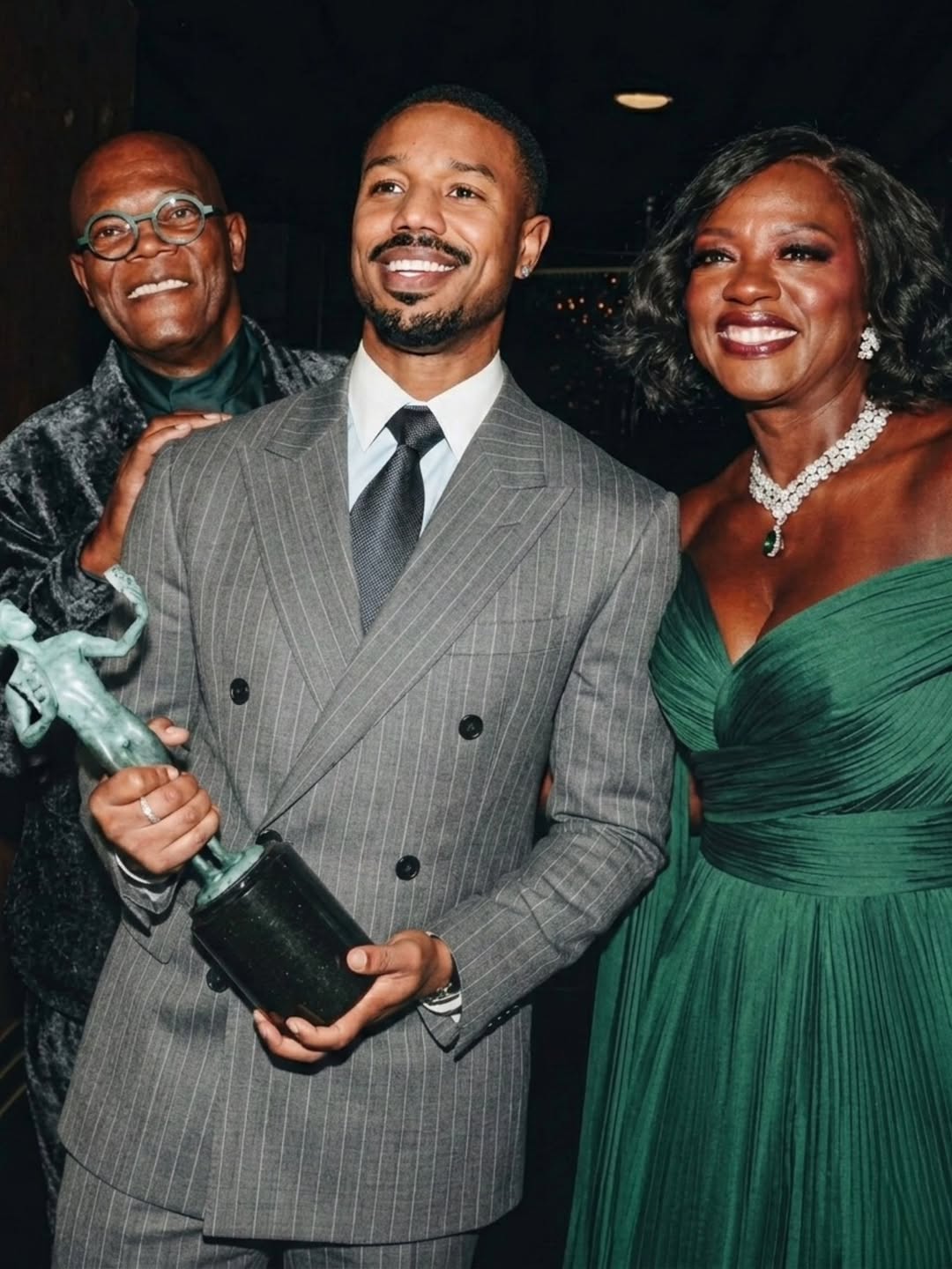 Viola Davis, Michael B. Jordan, and Samuel L. Jackson posing together backstage at the 32nd Actors Awards in Los Angeles.