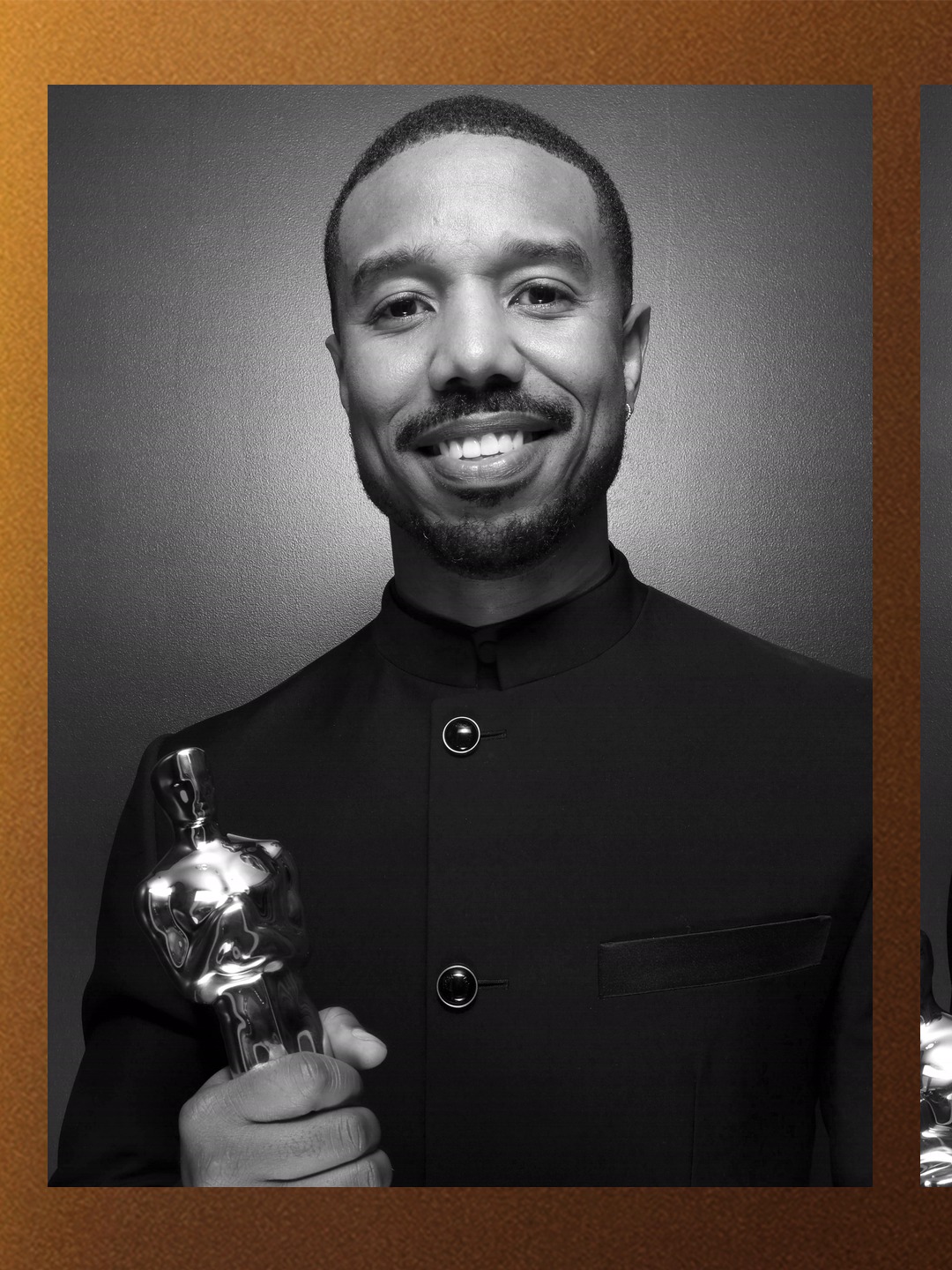 Michael B. Jordan posing with his first Oscar for Best Actor, won for his dual role as twins Smoke and Stack in Sinners at the 2026 Academy Awards.