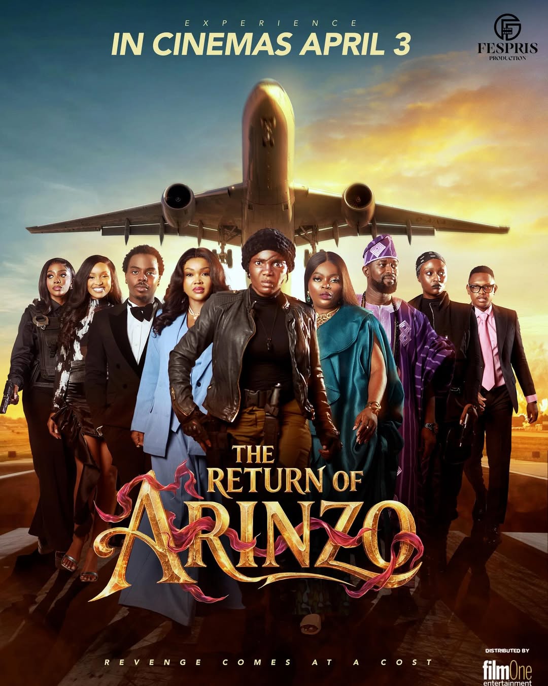 Full ensemble cast of The Return of Arinzo movie standing on a runway with an airplane overhead.