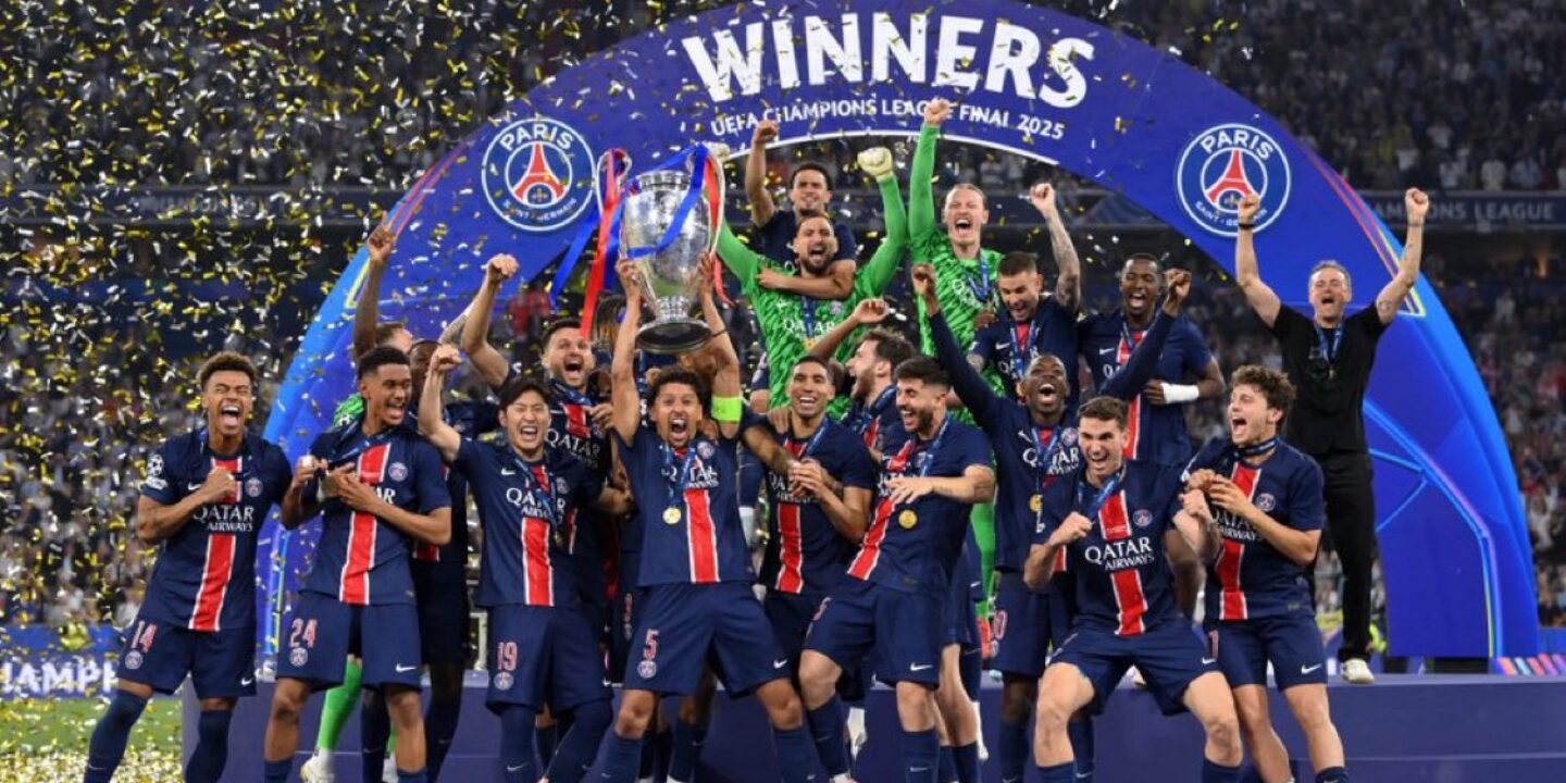 PSG players celebrating their UEFA Champions League title