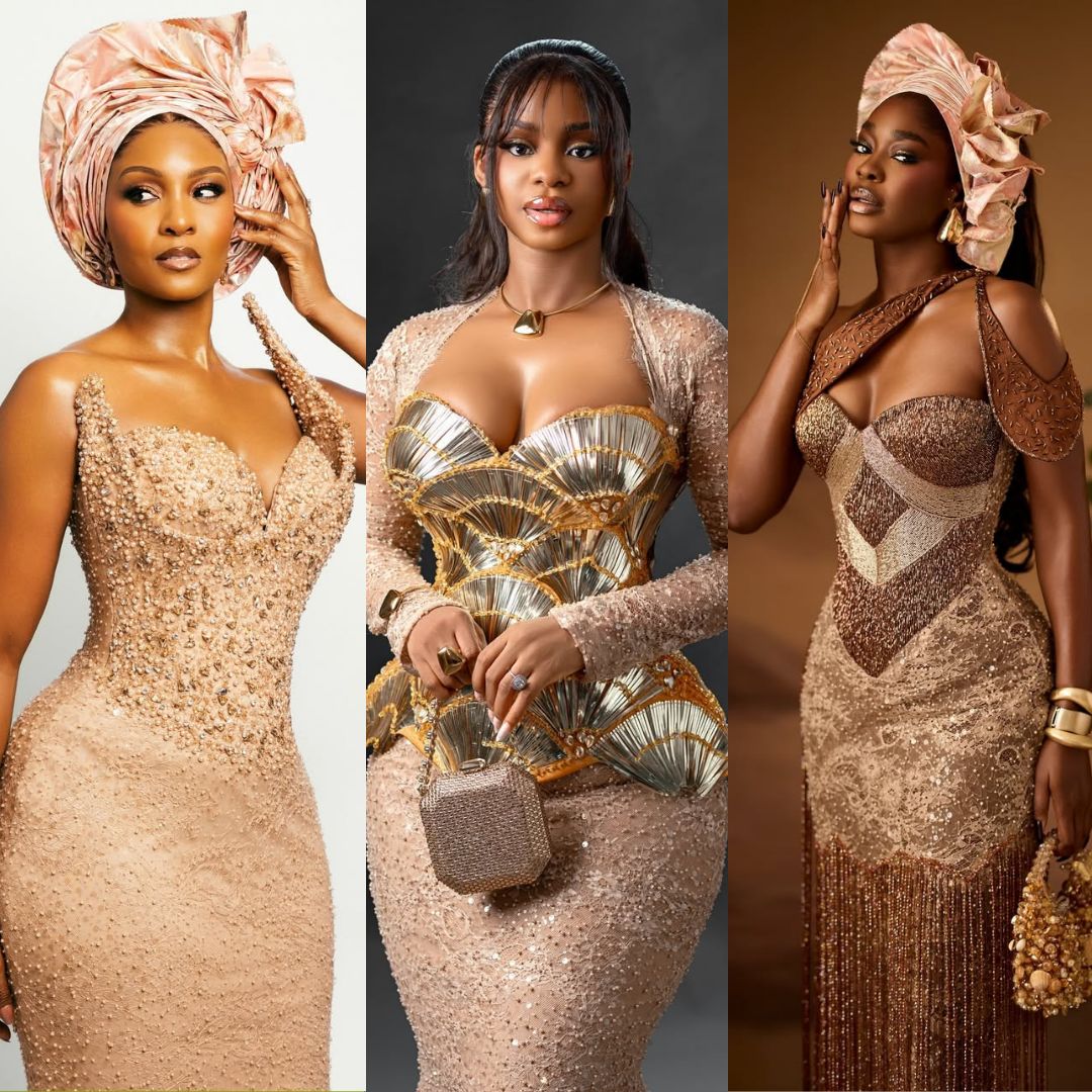 Osas Ighodaro in a beaded champagne gown (left), Priscilla Ojo in a gold architectural bodice (middle), and Dede Ashiogwu in a fringe-hemmed lace dress (right) at Diiadem’s 35th birthday party.
