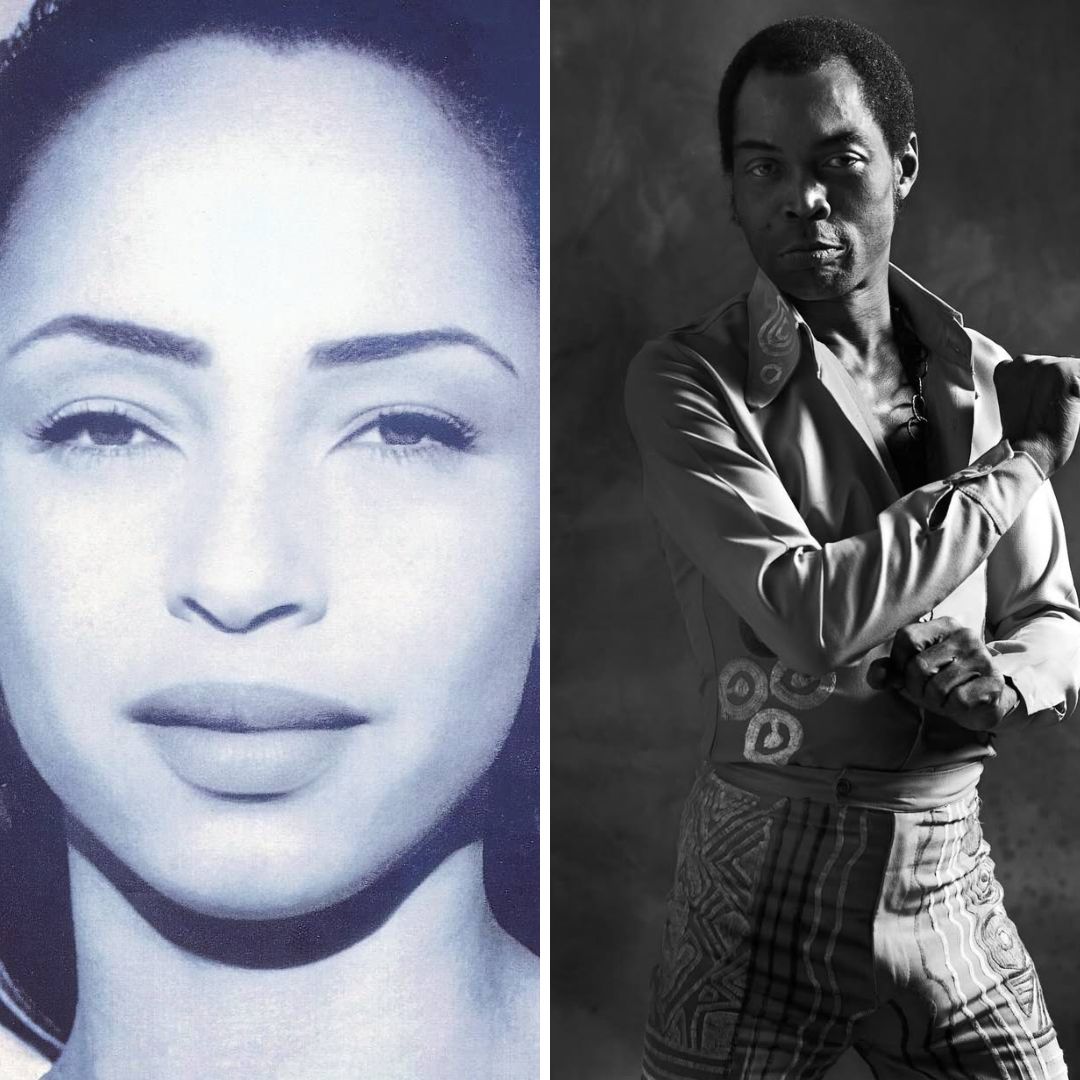 A side-by-side collage featuring Sade Adu in the Performer category and Fela Kuti in the Early Influence category, both inducted into the Rock & Roll Hall of Fame Class of 2026.
