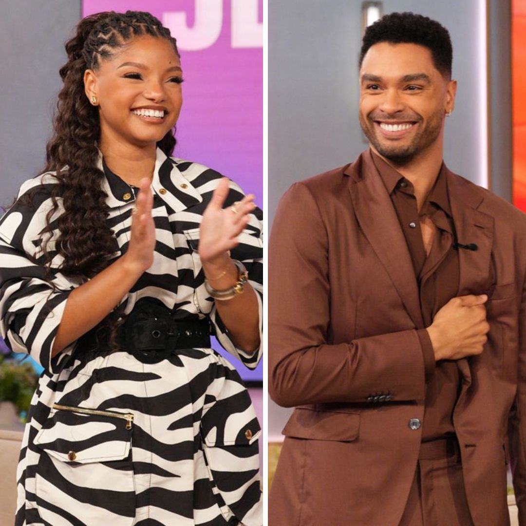 A collage of Halle Bailey in a zebra print dress and Regé-Jean Page in a brown suit laughing and clapping during their interview on The Jennifer Hudson Show.