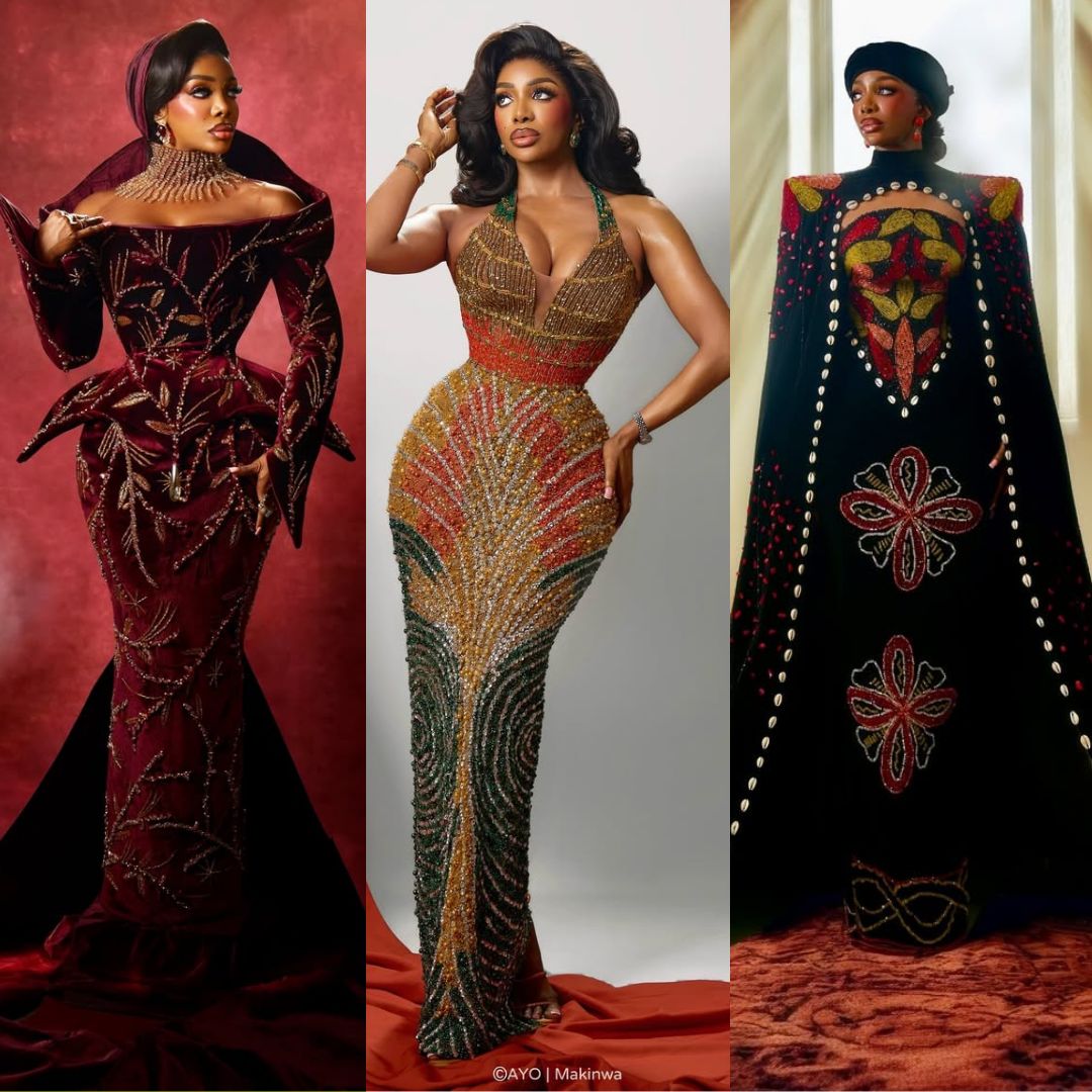 A three-panel collage of Chioma Ikokwu (Chioma Goodhair) showing her wardrobe for The Return of Arinzo premiere: the deep burgundy Sevon Dejana velvet gown (left), the topographic Djec Fashion halterneck (centre), and the Cameroonian-inspired Amy Aghomi cape (right).