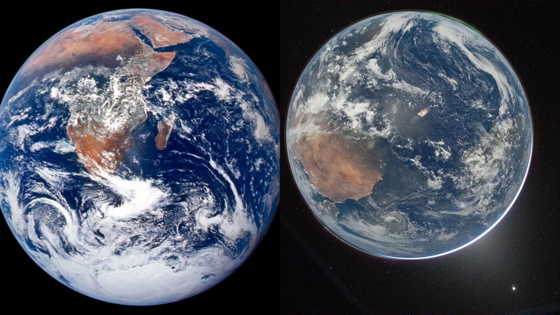 Side-by-side comparison of Earth: Apollo 17 "Blue Marble" (1972) vs. Artemis II high-resolution Earth image (2026).