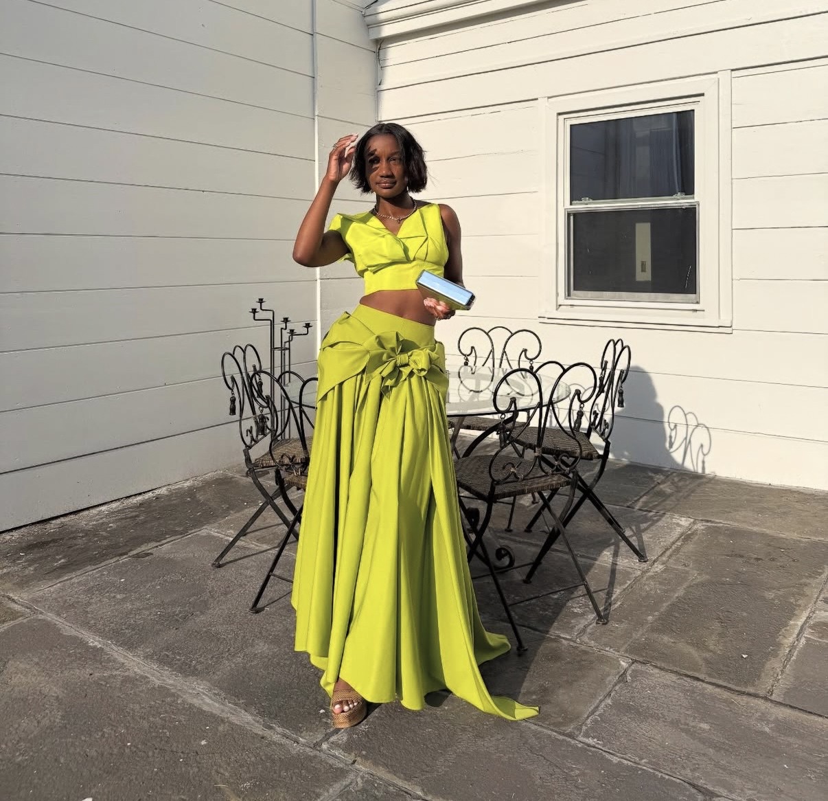 Monochrome cropped top and A-line maxi skirt with rosette detailing— A-line maxi skirt styling tips