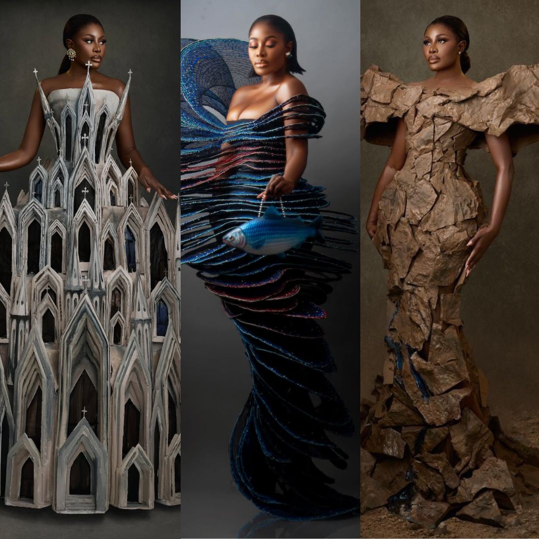 A collage of Nana Akua Addo’s three wearable art looks for the 12th AMVCA.