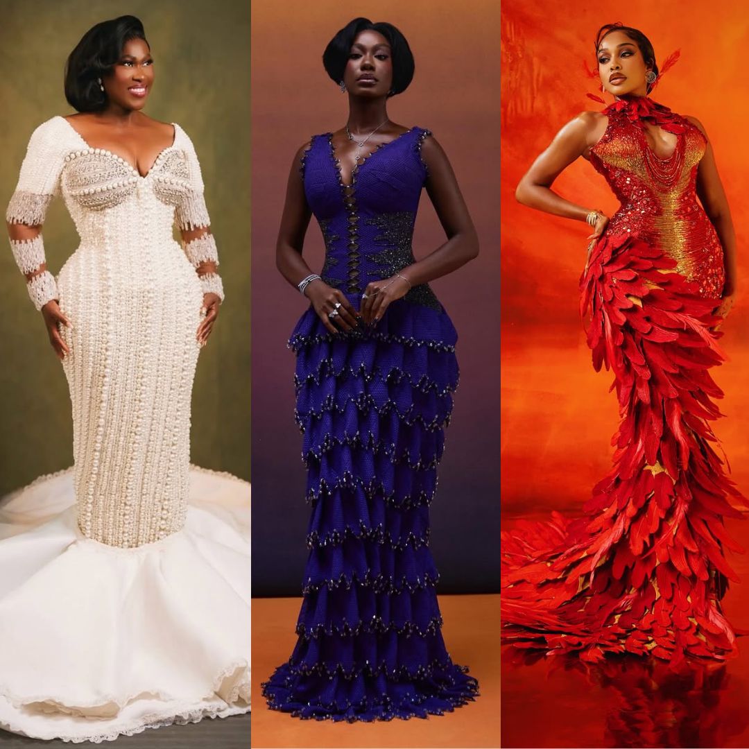 A vertical three-panel photo collage featuring Uche Jombo, Tomi Ojo, and Uche Montana on the AMVCA red carpet.