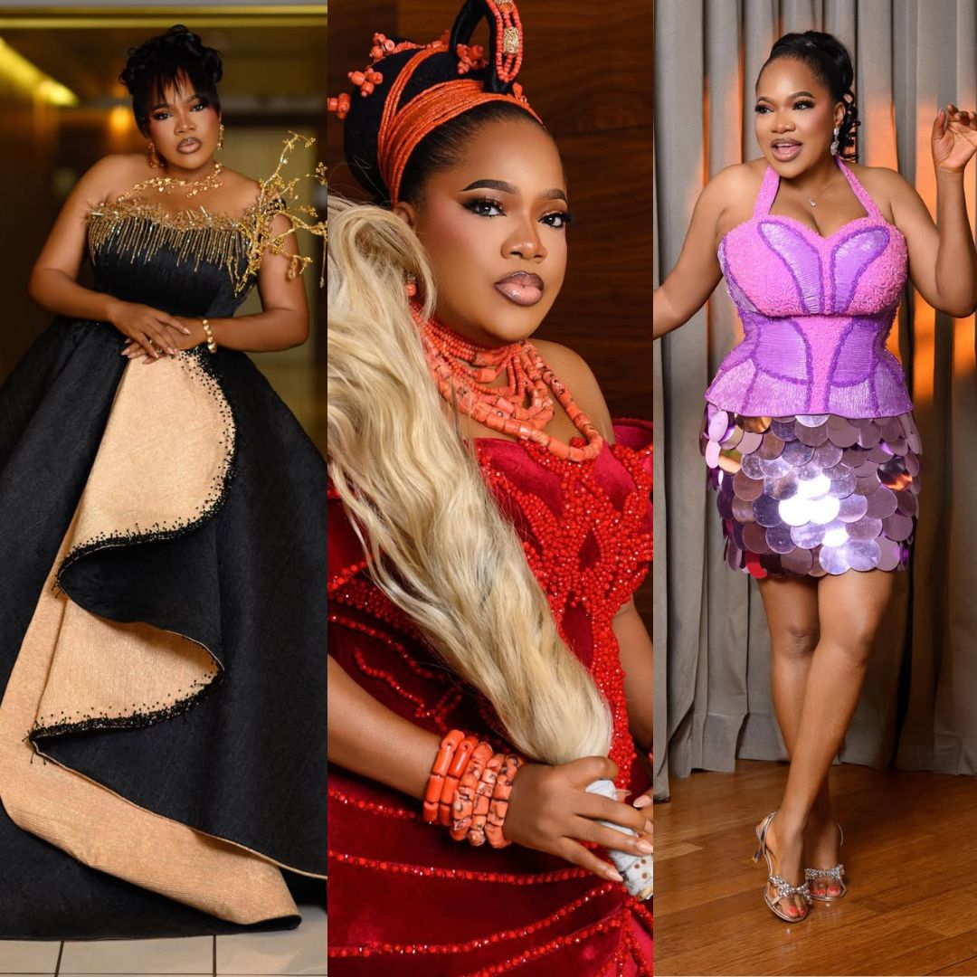 Nollywood actress Toyin Abraham showcasing her three distinct fashion looks from the AMVCA 2026 weekend: the black and gold ballgown, the crimson velvet Edo cultural dress, and the lilac after-party mini skirt.