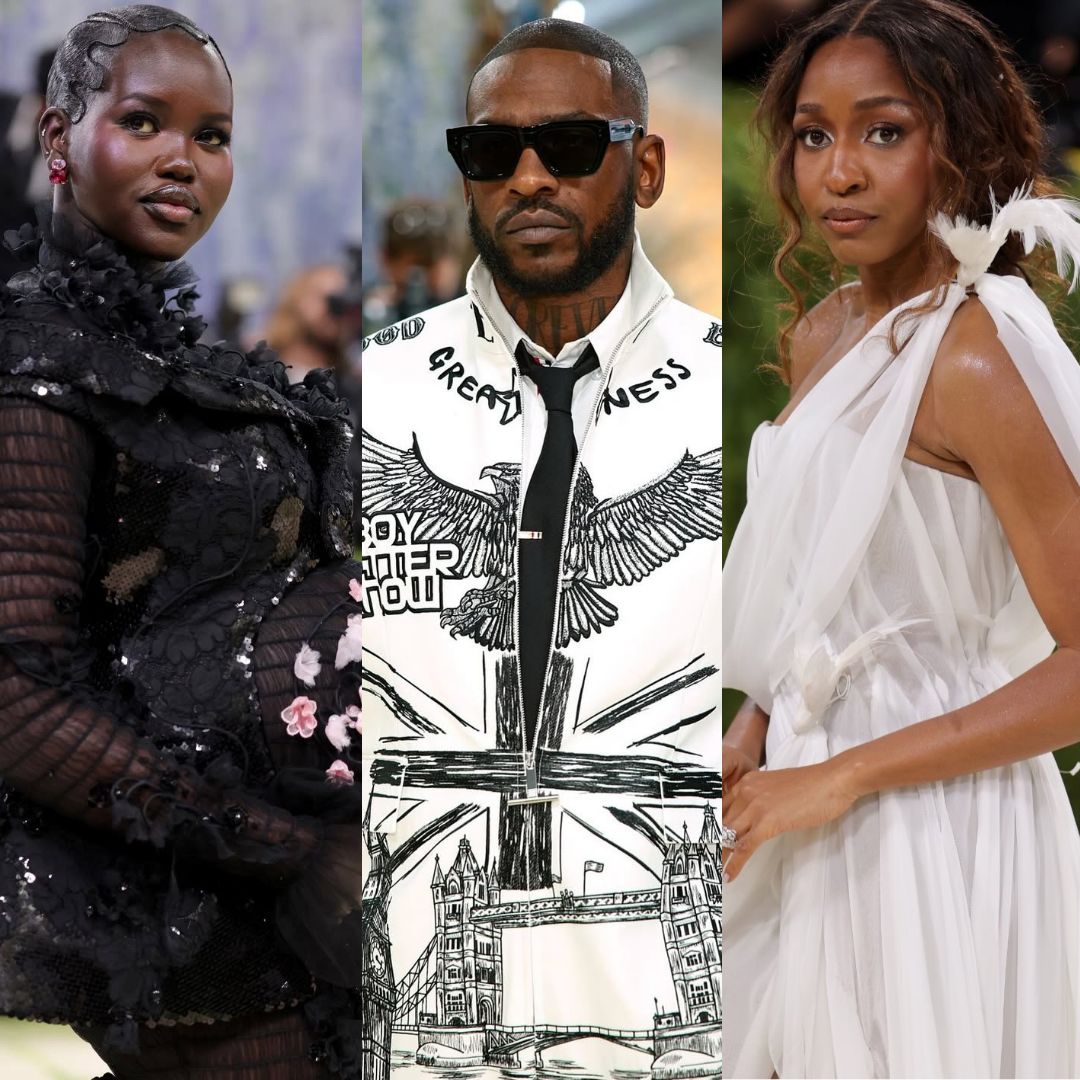 A collage featuring African stars at the 2026 Met Gala: Adut Akech (Thom Browne), Skepta (Thom Browne), and Ayo Edebiri (Chanel).