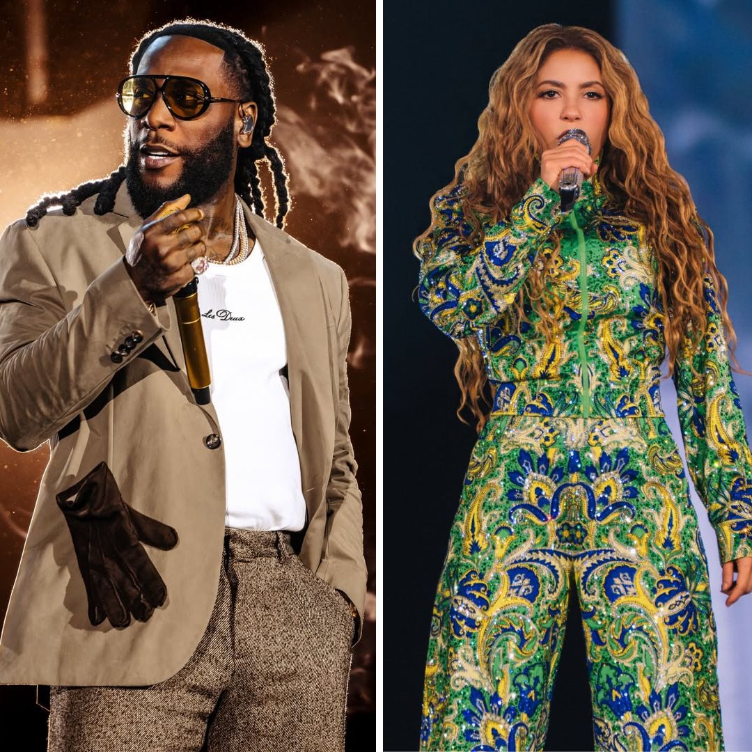 A side-by-side collage of Burna Boy and Shakira, the artists behind the official 2026 FIFA World Cup song titled "Dai Dai