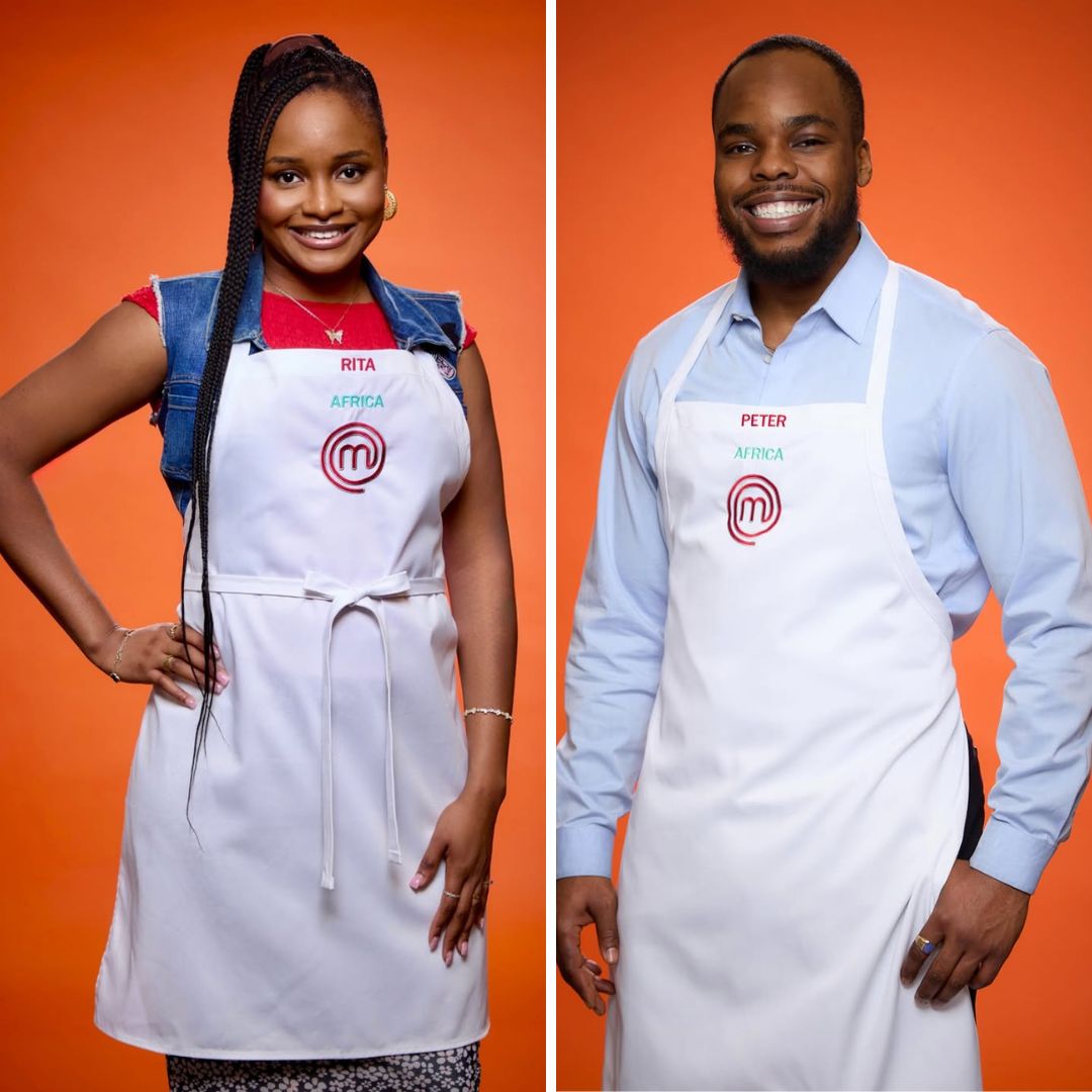 Nigerian contestants Rita Igbinoba and Peter Egede wearing their white MasterChef aprons for Season 16: Global Gauntlet.