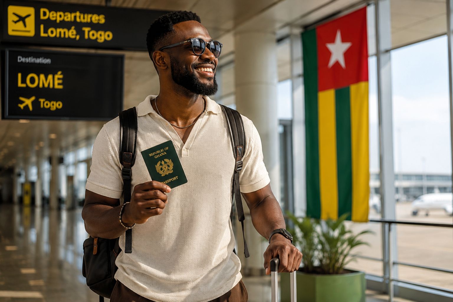 An AI-generated photo of a smiling Ghanaian traveller holding an ECOWAS Ghana passport at Lomé-Gnassingbé Eyadéma International Airport, looking towards the large Togo flag on display in the departures terminal, representing Togo's new 30-day visa-free entry for African citizens.