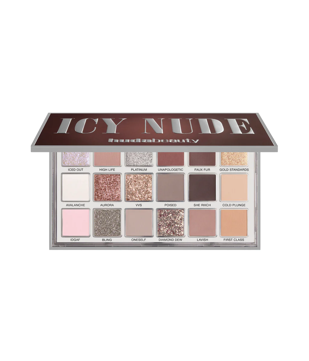 Huda Beauty Icy Nude Eyeshadow Palette shades — best glitter eyeshadow palettes