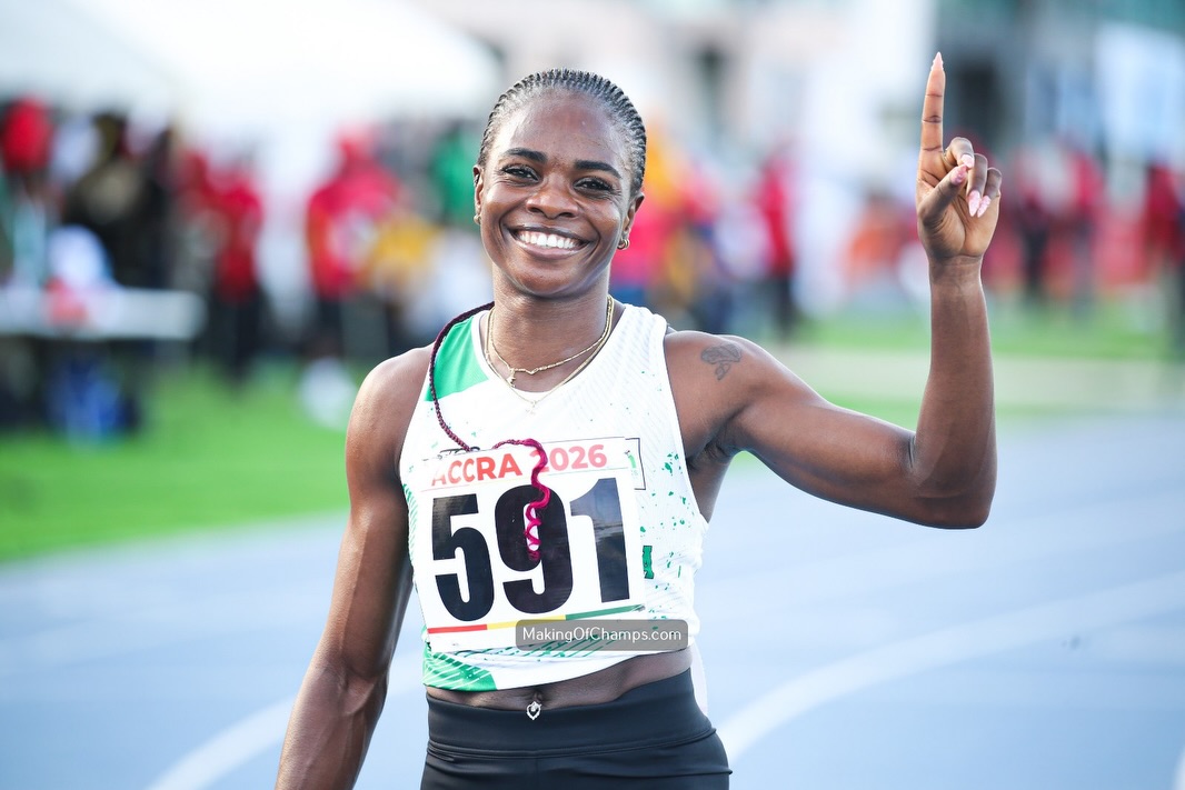 Tobi Amusan celebrating her gold medal win in the 100m hurdles at the 2026 African Senior Athletics Championships in Accra.