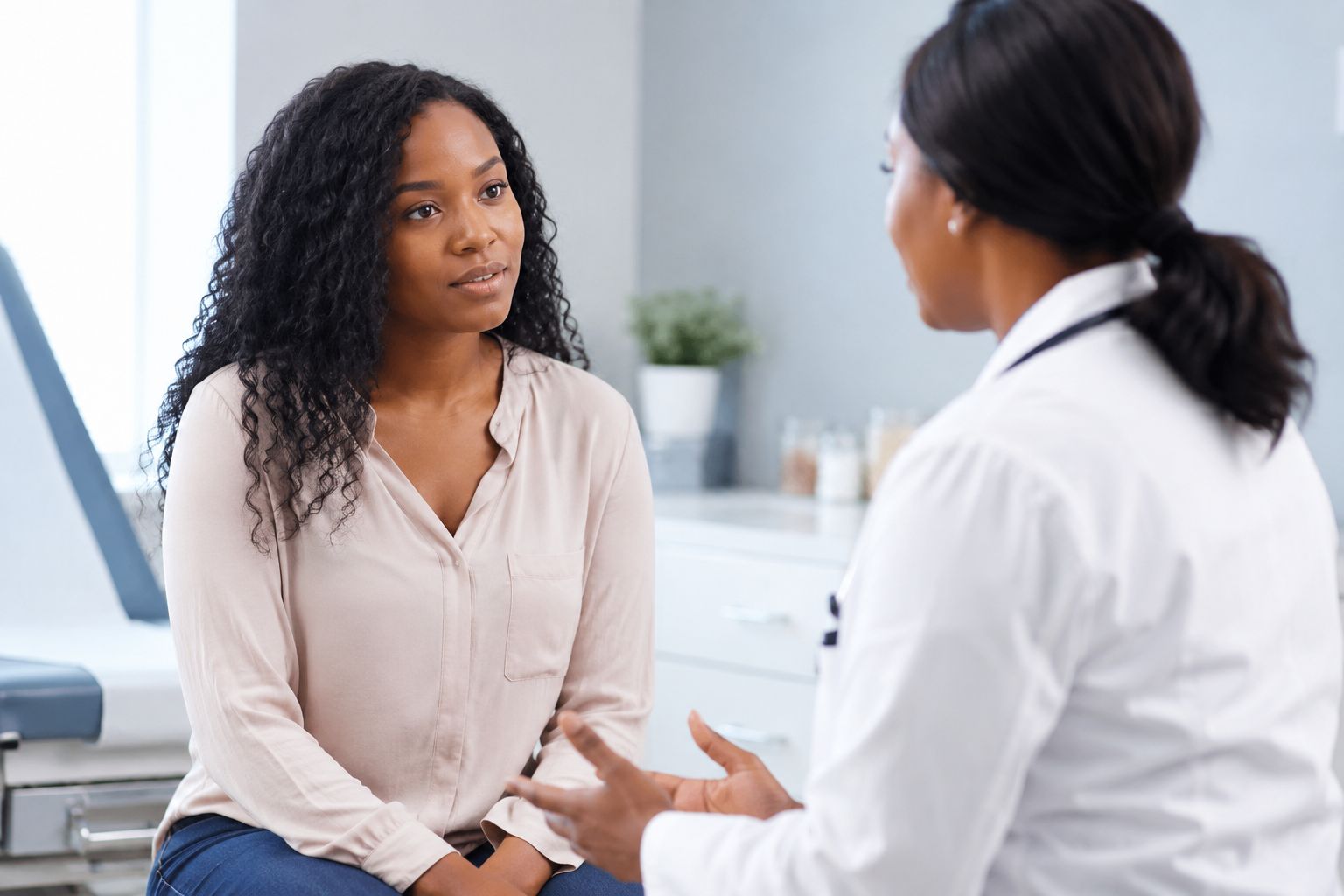AI-generated illustration of a young woman and a doctor discussing a brochure about the transition from PCOS to Polyendocrine Metabolic Ovarian Syndrome (PMOS).