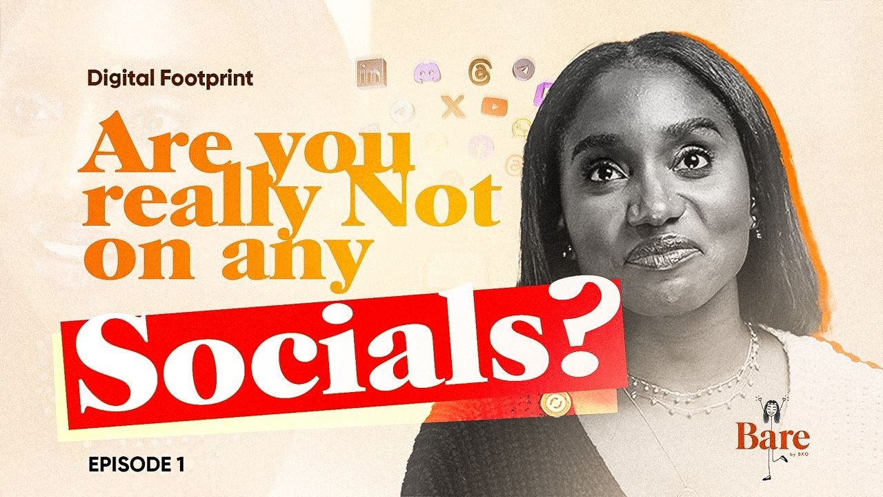 YouTube thumbnail for Episode 1 of Bare by BKO podcast by Tiwi Remi titled Are You Really Not on Any Socials, featuring bold orange and red typography and a black and white portrait of Tiwi Remi with social media icons
