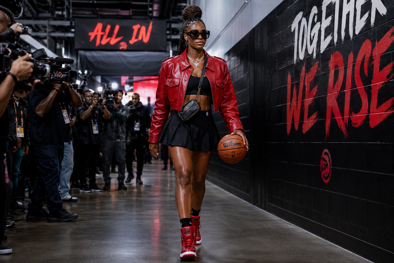 basketball woman player wearing red jacket with sneakers and mini skirt