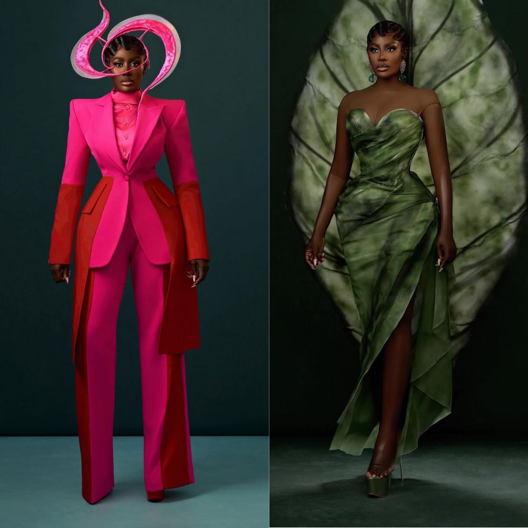 A side-by-side photo comparison of Nana Akua Addo's two custom fashion choices for the 2026 Ghana Movie Awards: a two-tone pink and red trouser suit by Medlin Boss and a hand-painted forest green gown by Mohammed Abbas Ossu.