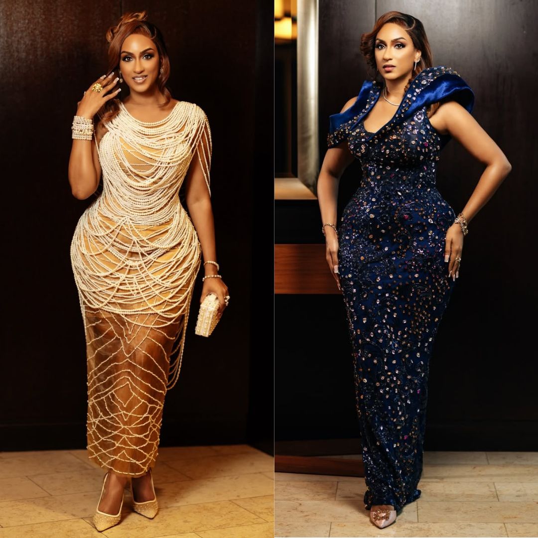 Actress Juliet Ibrahim at the Ghana Movie Awards 2026 wearing a sheer champagne dress draped in pearl lattice strands and a midnight blue velvet-accented sequin gown.