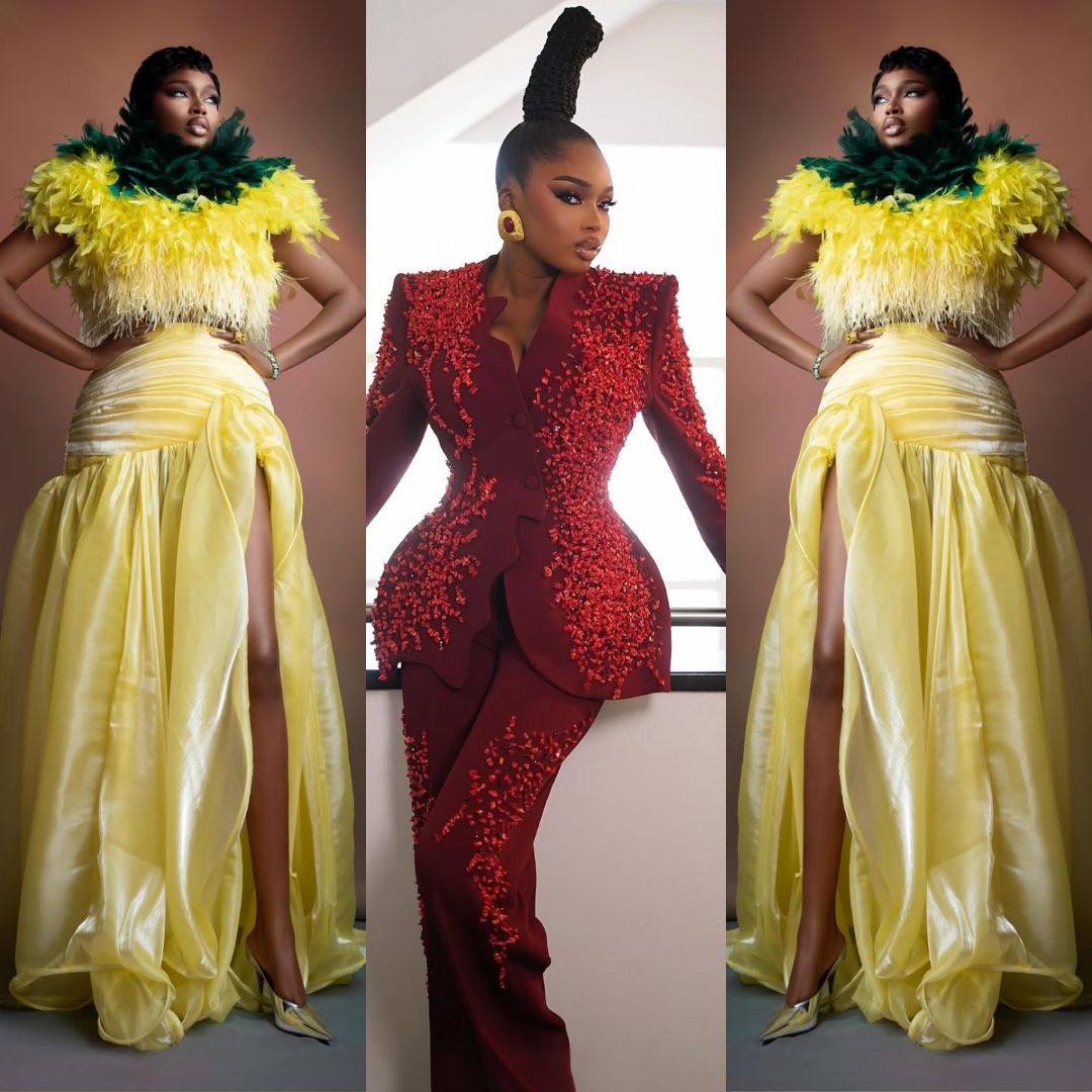 Sabrina Idukpaye in a canary yellow feathered gown by ASO Nigeria and a coral-embellished burgundy trousersuit by Juliet Peters