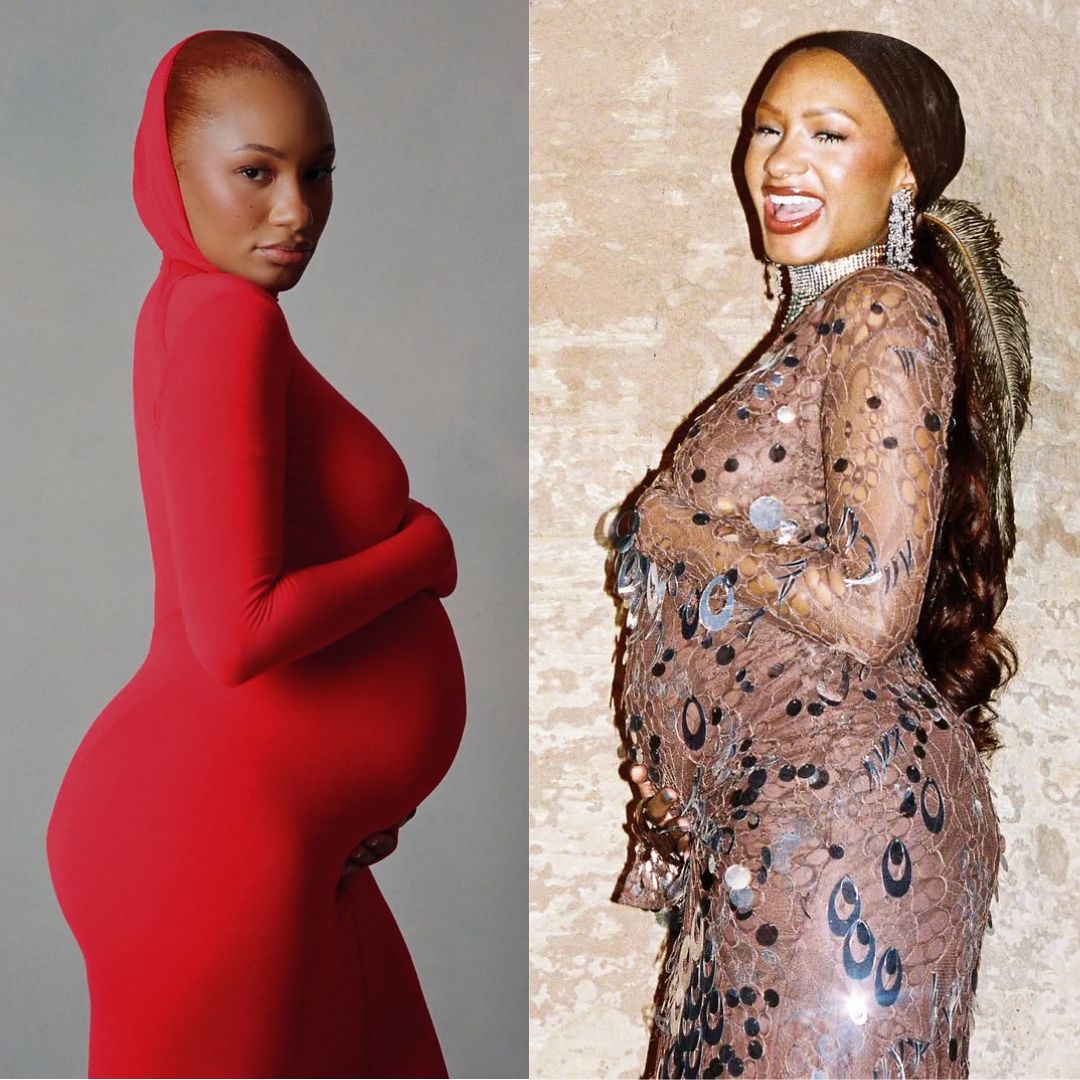 A side-by-side photo collage of Temi Otedola showcasing two distinct maternity styles while cradling her baby bump.