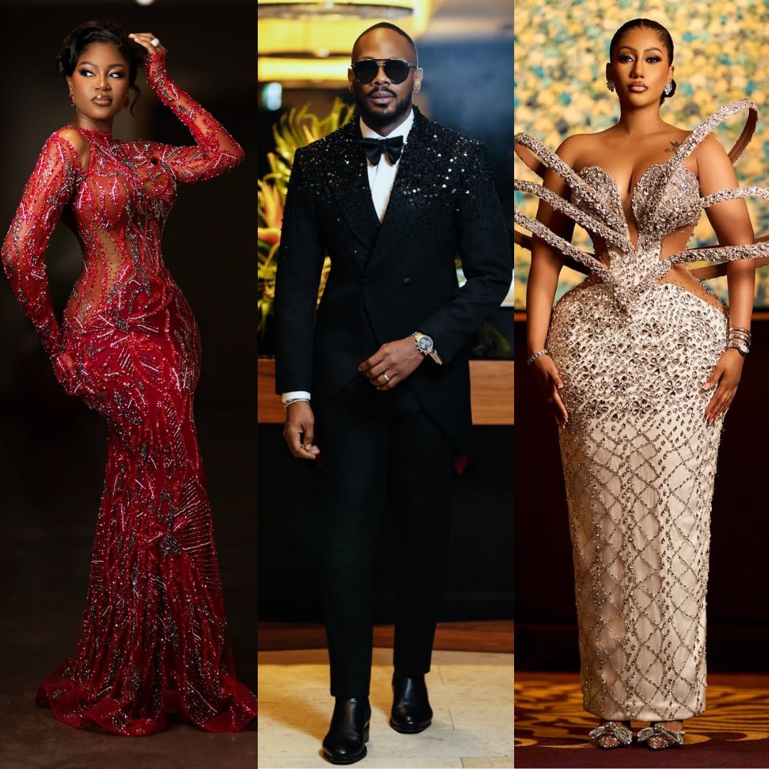 Yvonne Nelson in an embellished crimson gown, Daniel Etim Effiong in a sequined black tuxedo, and Mona in a structural white gown with architectural loops at the Ghana Movie Awards 2026.
