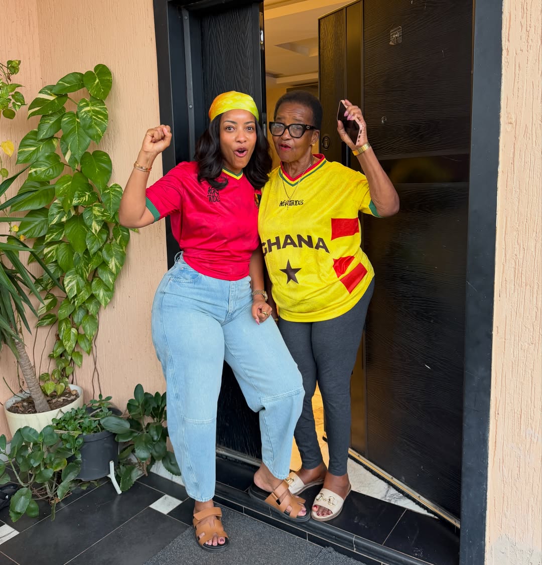 Ghanaian actress Joselyn Dumas and her mother, Bridget Mateko Dumas, wearing official national football jerseys to cheer on the Black Stars ahead of the Ghana vs Panama 2026 FIFA World Cup match.