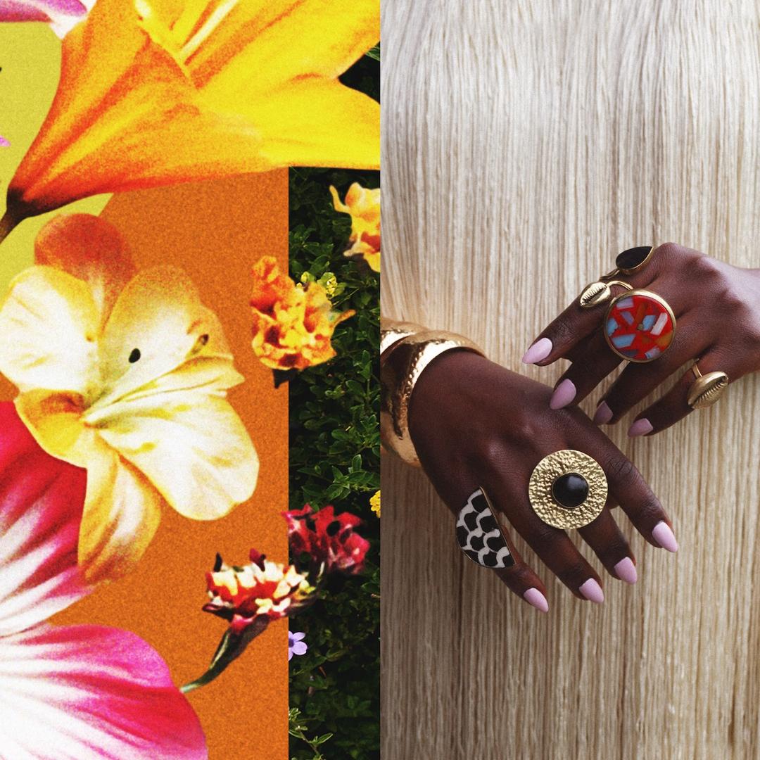 Official album artwork cover for Somi's What Does It Take to Bloom featuring a floral graphic beside hands with statement jewelry.