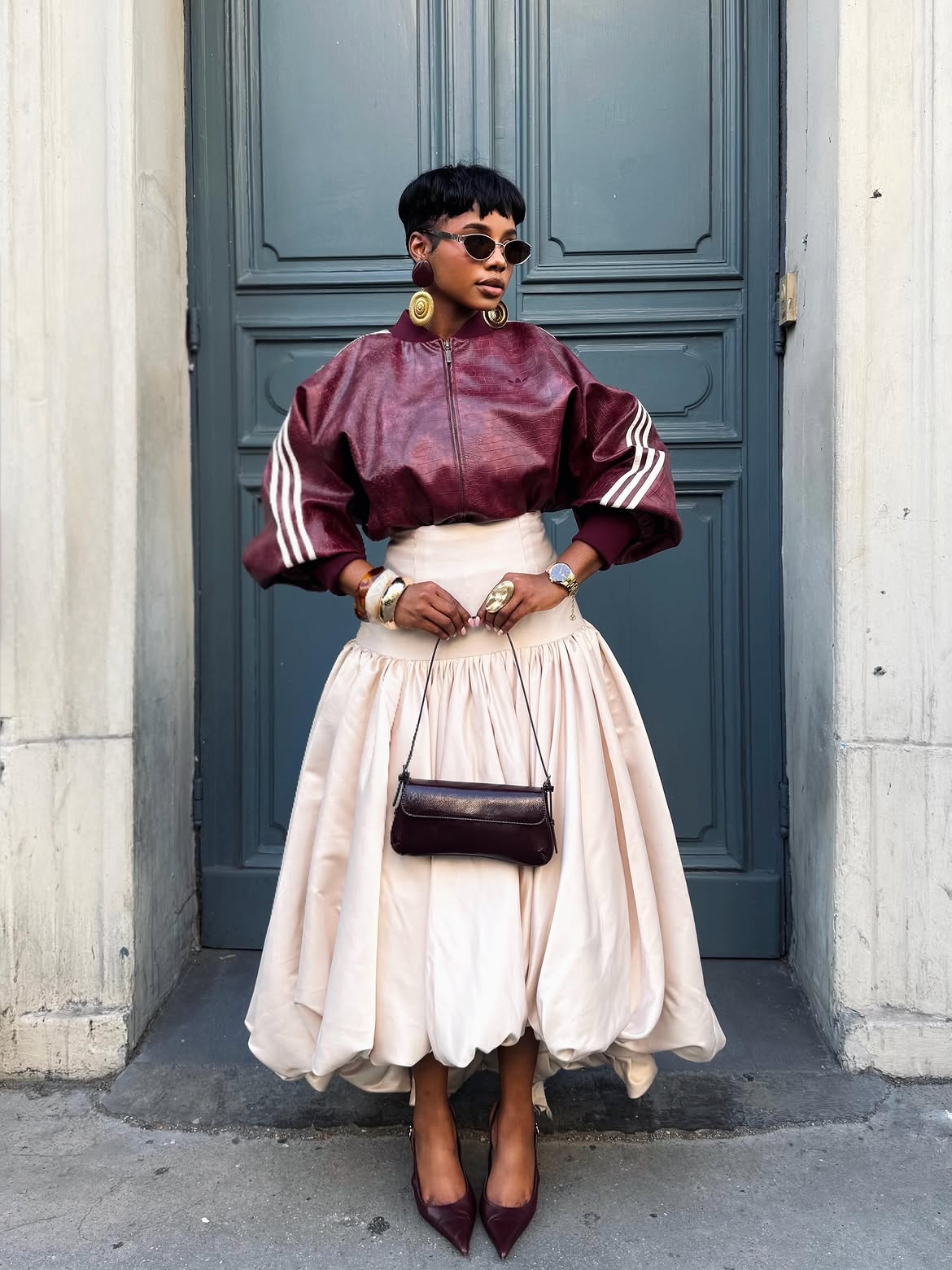 woman wearing jacket and skirt signature style