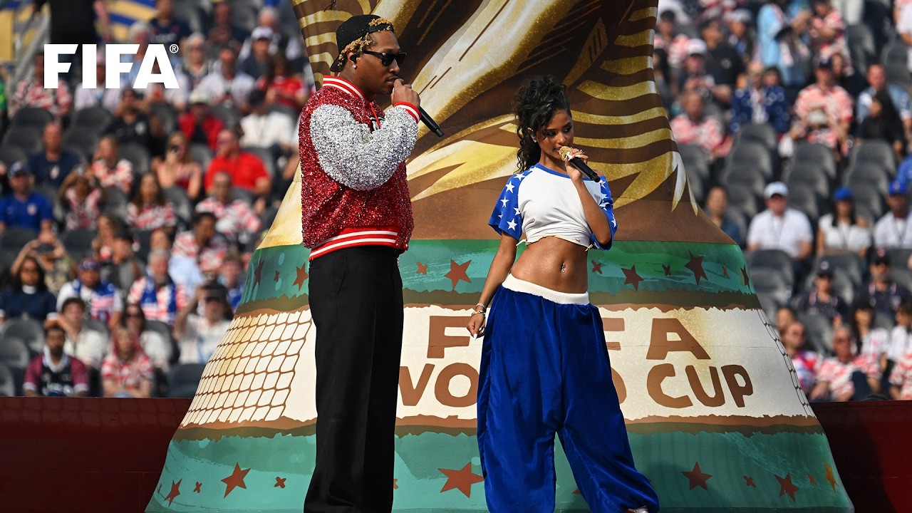 Tyla and Future performing their official song Game Time together on stage at the 2026 FIFA World Cup opening ceremony in Los Angeles.