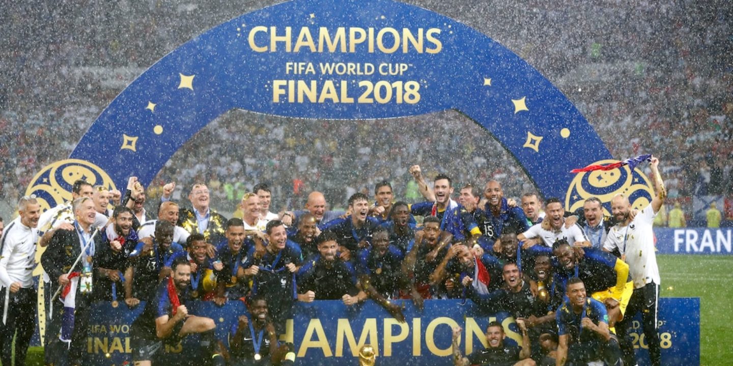 France players celebrating their 2018 World Cup win in Russia