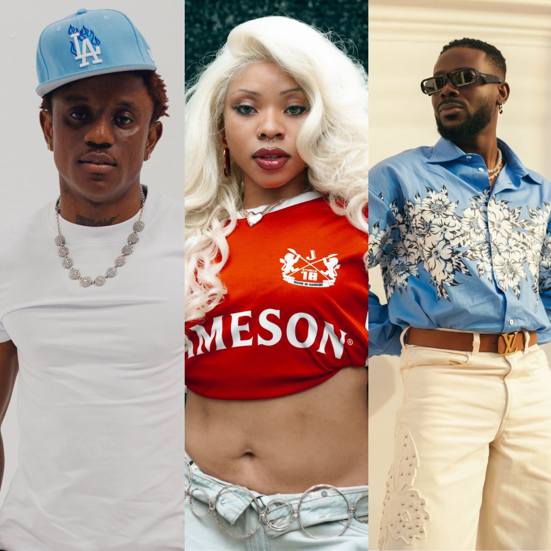 Victony wearing a light blue LA baseball cap, Fave in platinum blonde hair and a red Jameson top, and Adekunle Gold in a blue floral shirt with Louis Vuitton belt.