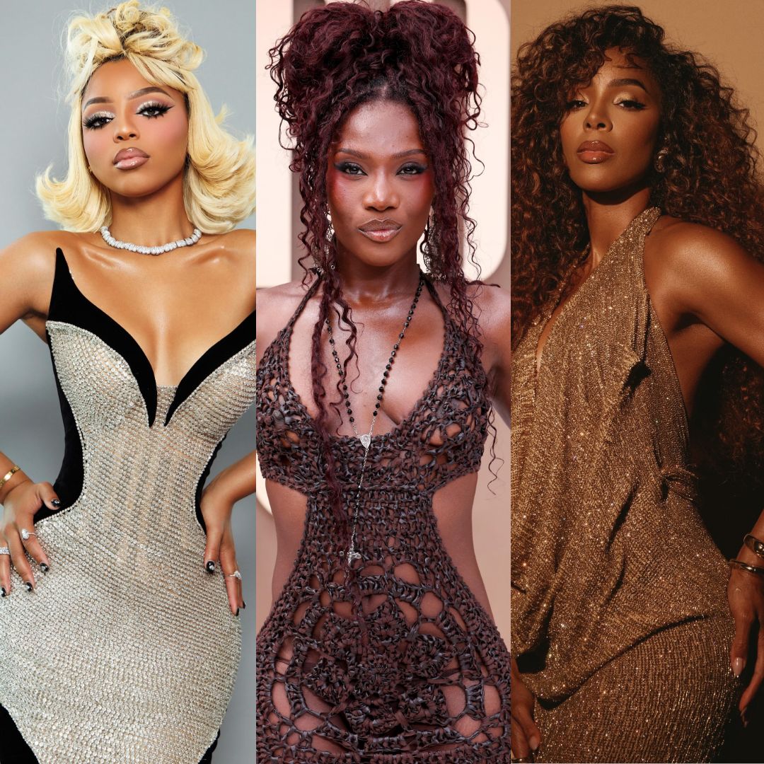 Chloe Bailey in a silver Valdrin Sahiti dress, Doechii in a brown crochet Dsquared2 gown, and Kelly Rowland in a gold halter dress at the 2026 BET Awards.