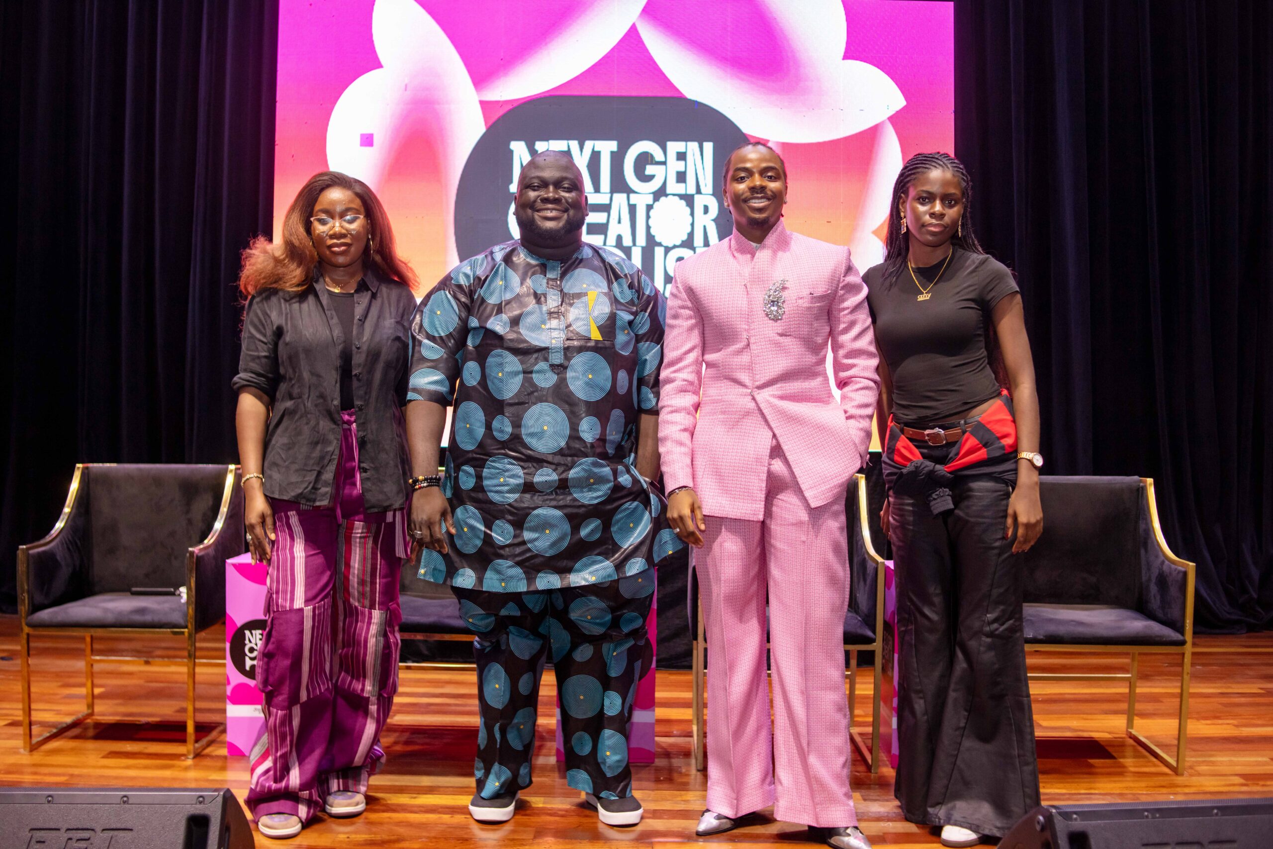 Collette Otsu, Abisola Alawode, Enioluwa Adeoluwa in a pink suit, and Korty EO standing on stage at the BellaNaija Next Gen Creator House workshop in Lagos.