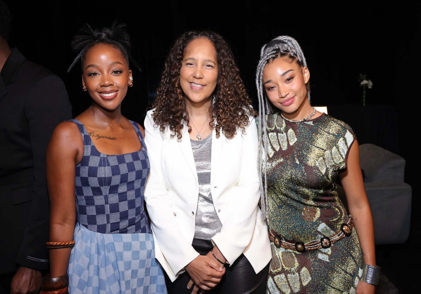Director Gina Prince-Bythewood flanked by lead actresses Thuso Mbedu and Amandla Stenberg at a promotional event for Paramount Pictures' Children of Blood and Bone.