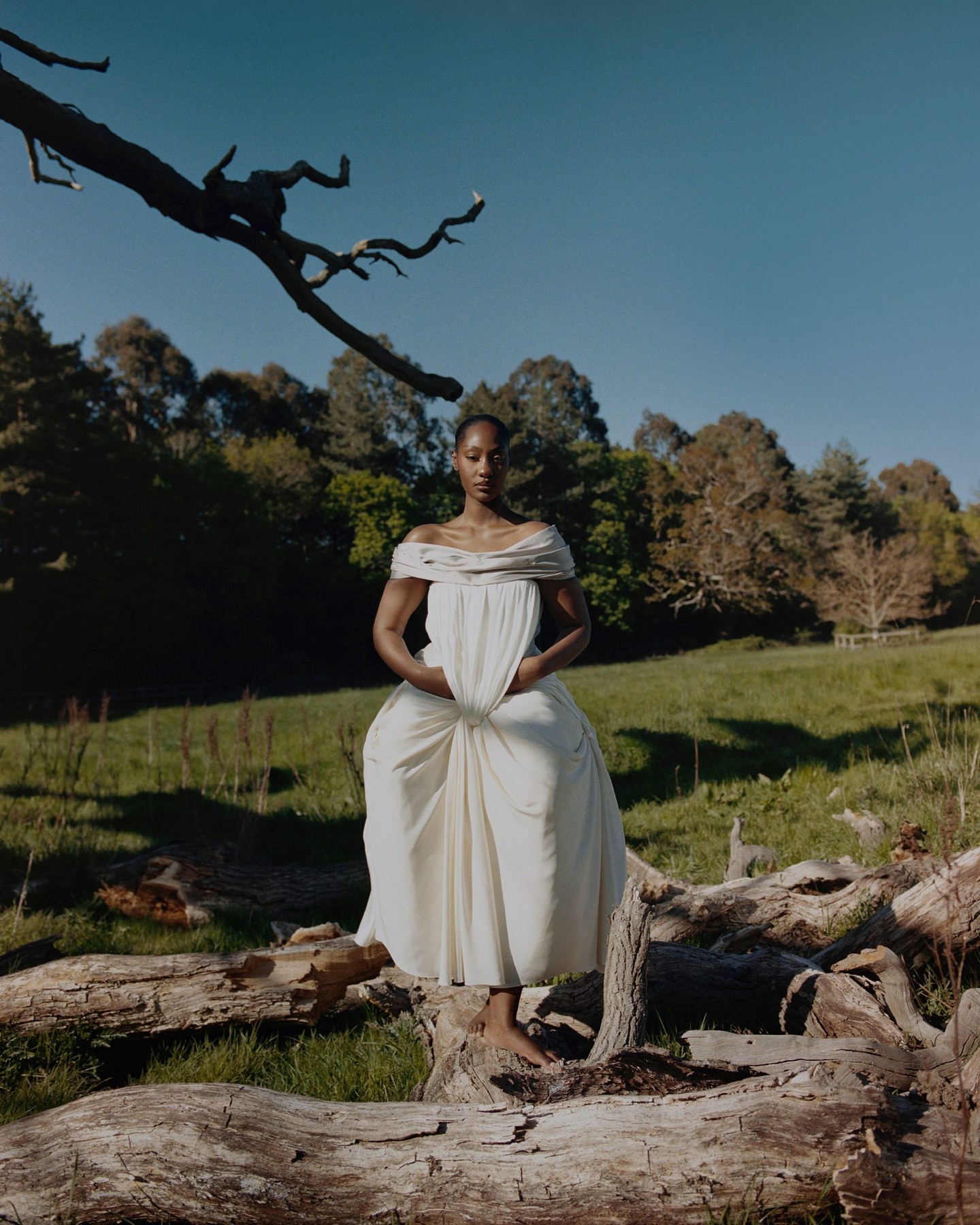 Tems posing in a cream Dior draped silk dress, standing barefoot amongst fallen trees in a grassy field with a clear blue sky.